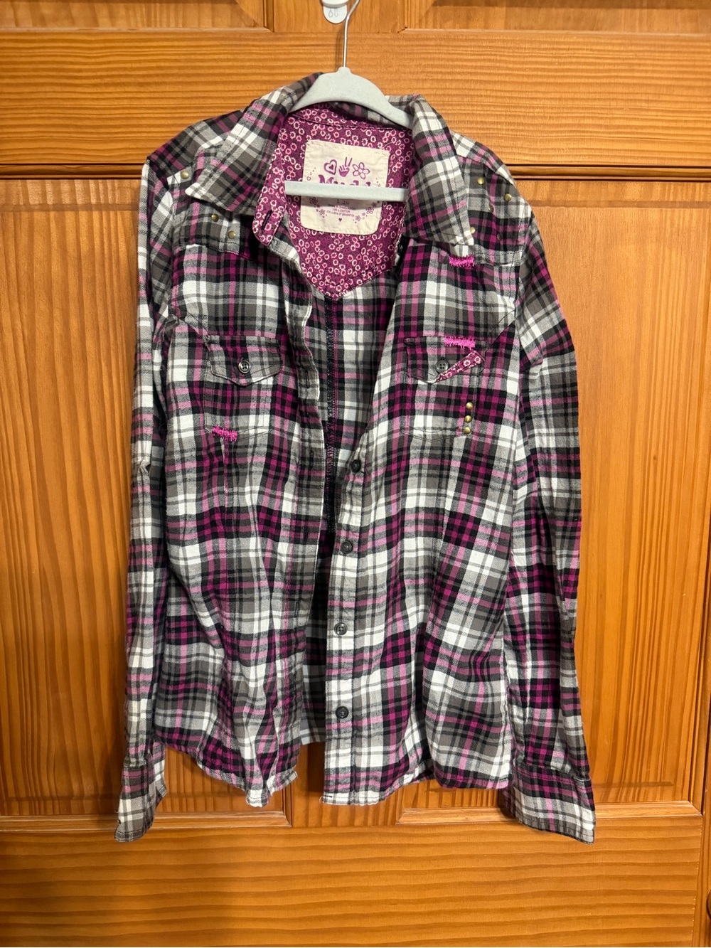 Mudd Girls Plaid Button-Up Shirt - Pink & Black